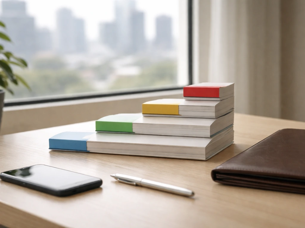 Minimal desk with upward-arranged folders and soft light symbolizing wealth growth over several years.