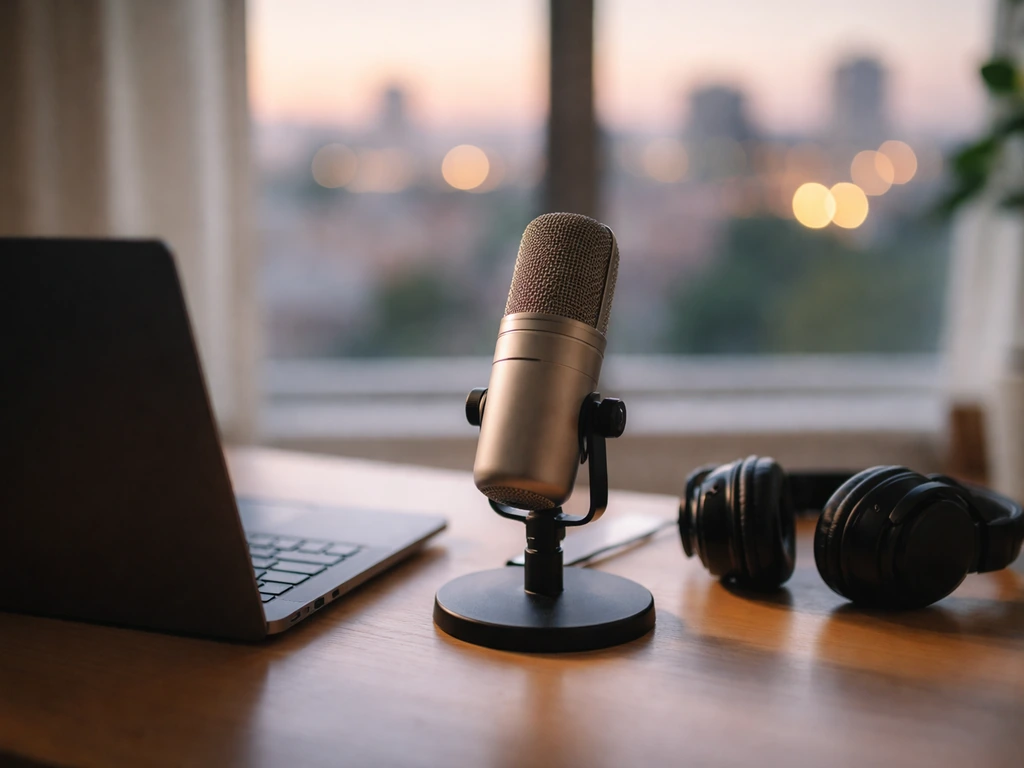 Minimal finance-themed scene with a studio microphone and a blurred city skyline at dusk