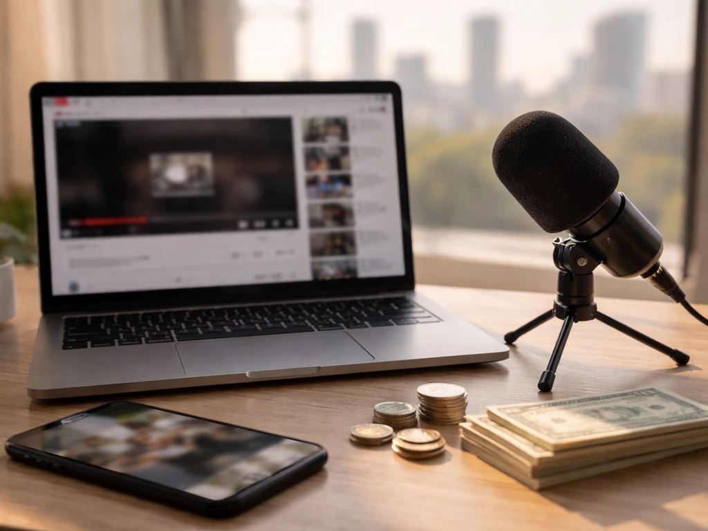 Close-up of laptop showing a blurred video platform screen, desk items, and subtle money symbolism