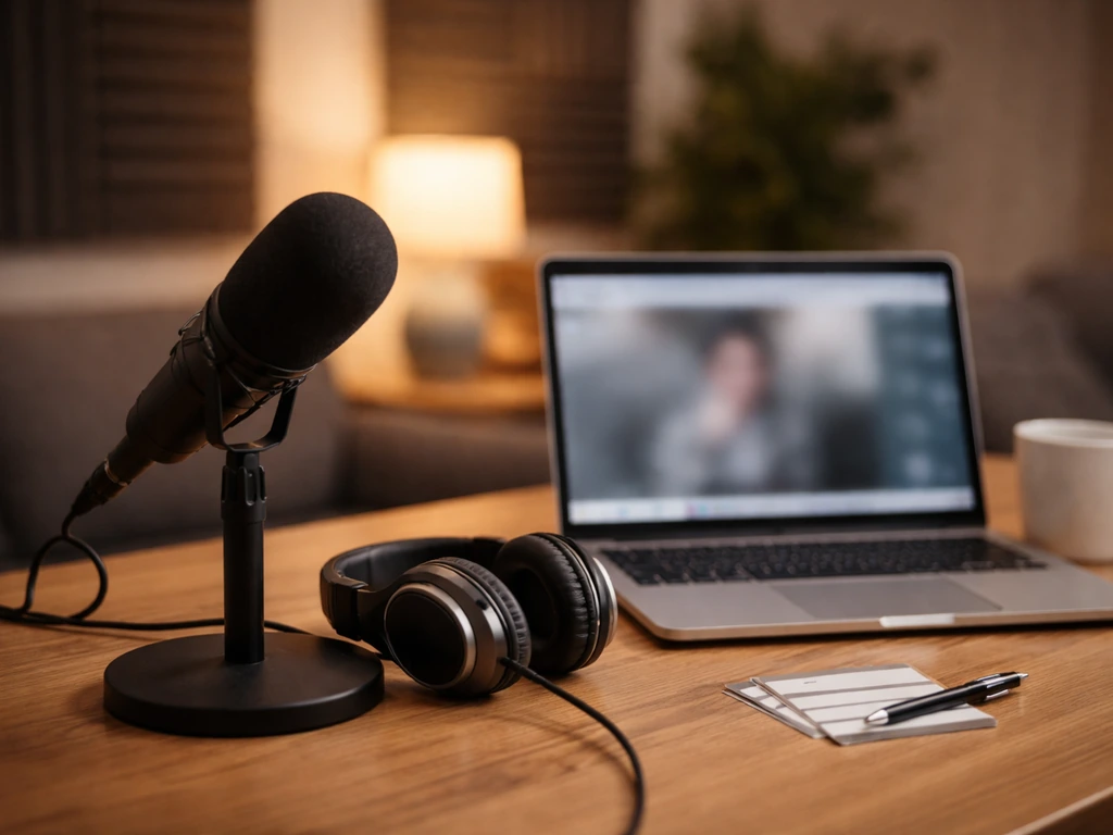 Podcast studio desk with microphone and laptop in soft light, showing blurred video call without text