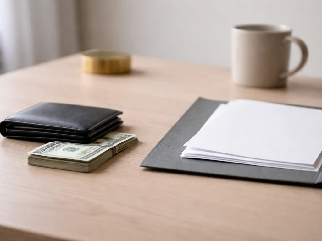 Minimal office desk with a small stack of cash and an open folder symbolizing assets and liabilities