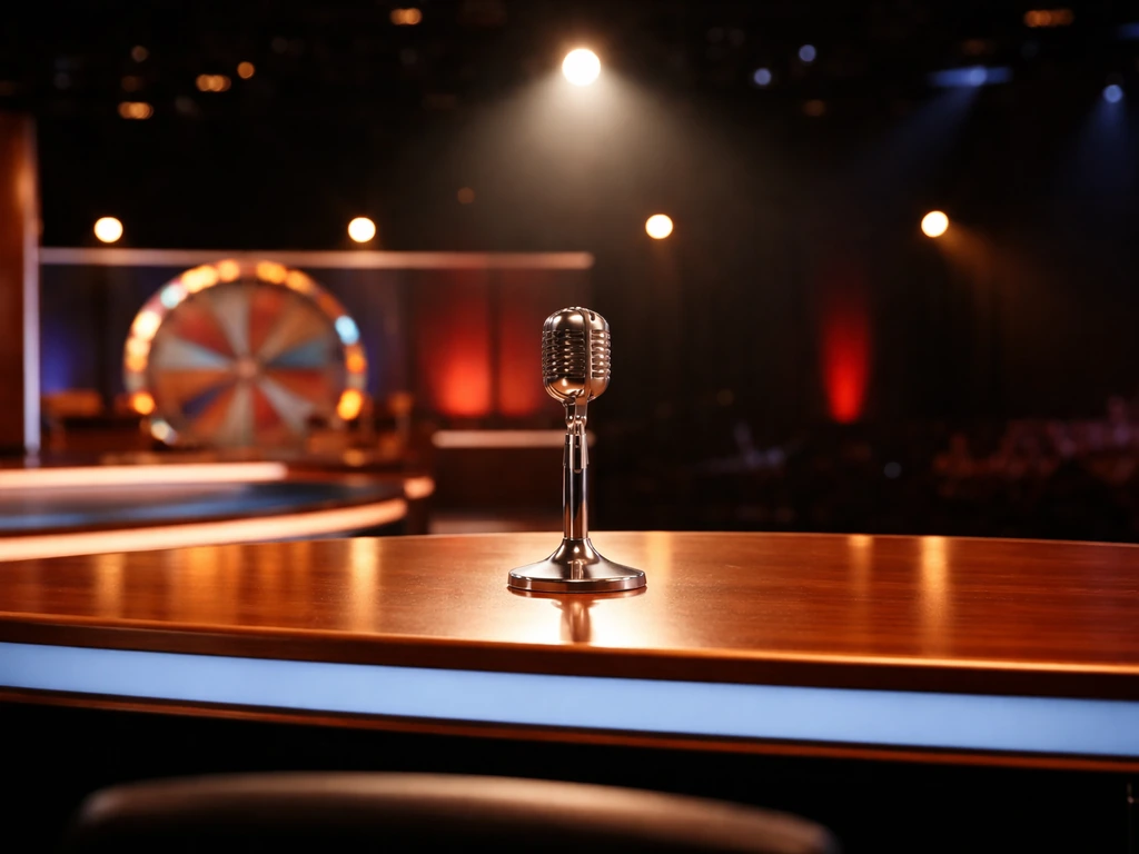 TV studio host desk with a microphone under warm lights, symbolizing a game-show hosting transition.