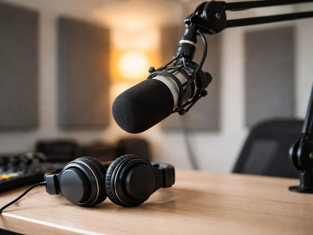 Radio studio microphone and headphones on a clean desk, with blurred acoustic panels behind.