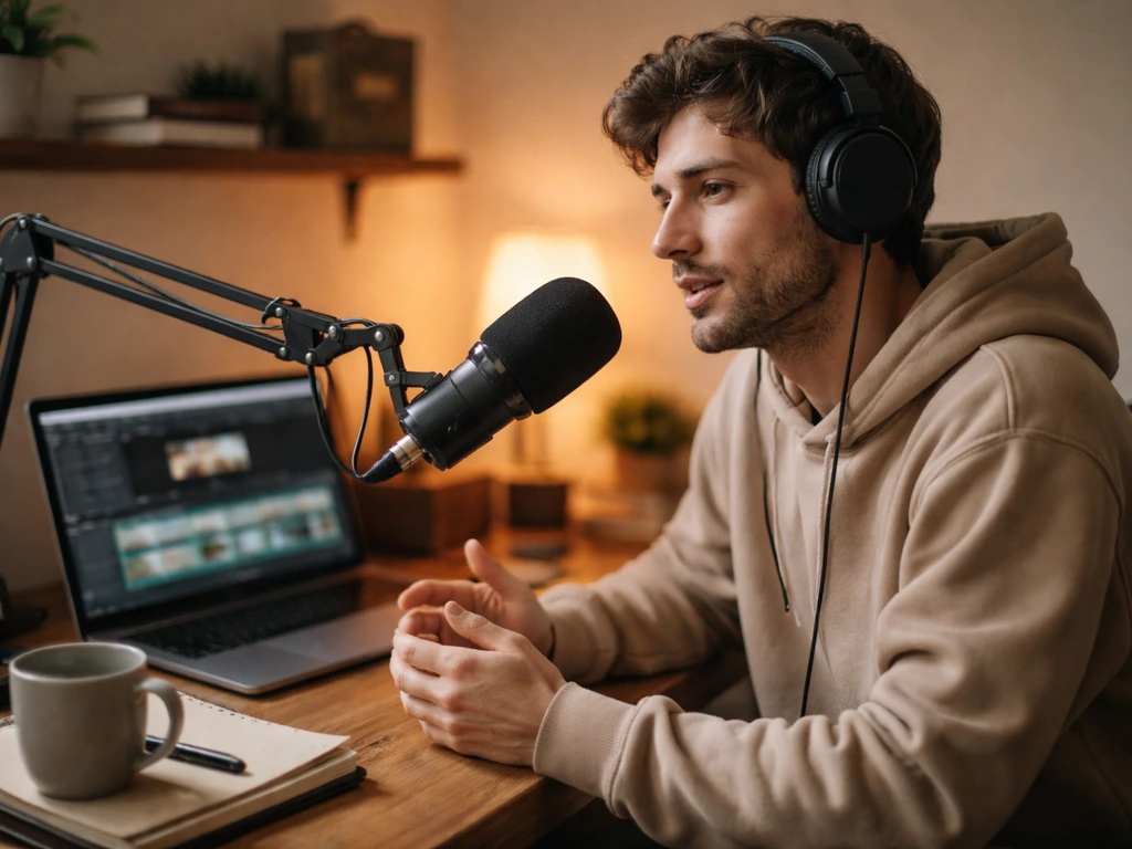 Anonymous content creator at a desk with a microphone in a small home studio, focused and speaking.