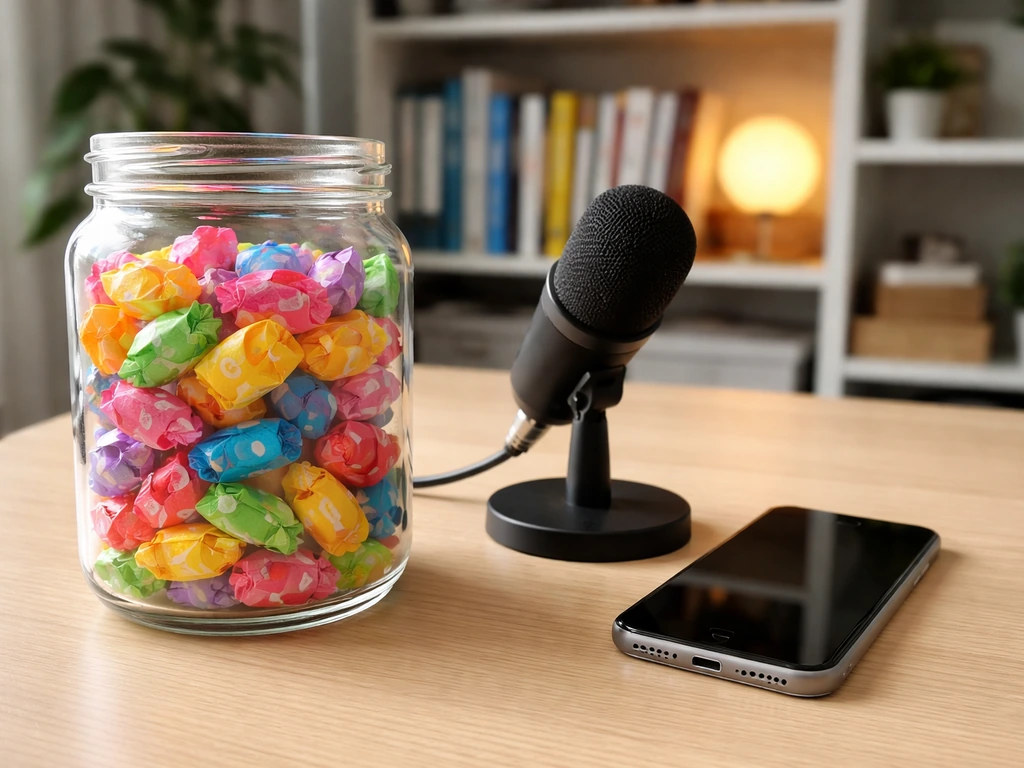Candies in a jar next to a microphone and smartphone on a tidy creator’s desk, no people visible.
