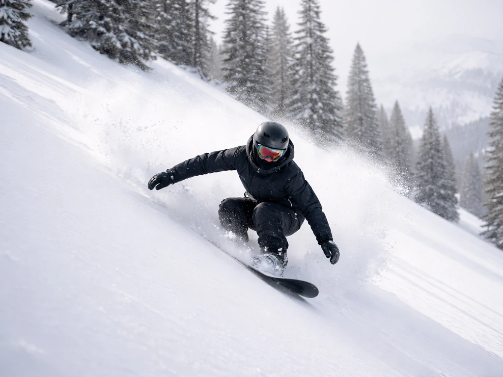 Anonymous snowboarder carving down a snowy Olympic-style slope with mountains and pine trees behind
