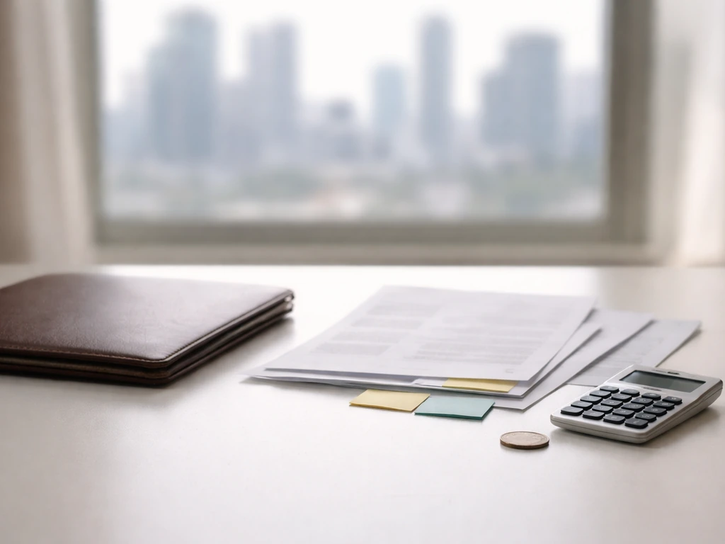 Minimal office desk with scattered documents, a calculator, and a blurred city skyline suggesting financial estimates