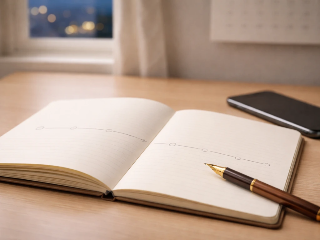 Open notebook and pen on a desk with a faint pencil timeline and blank gaps suggesting uncertainty.