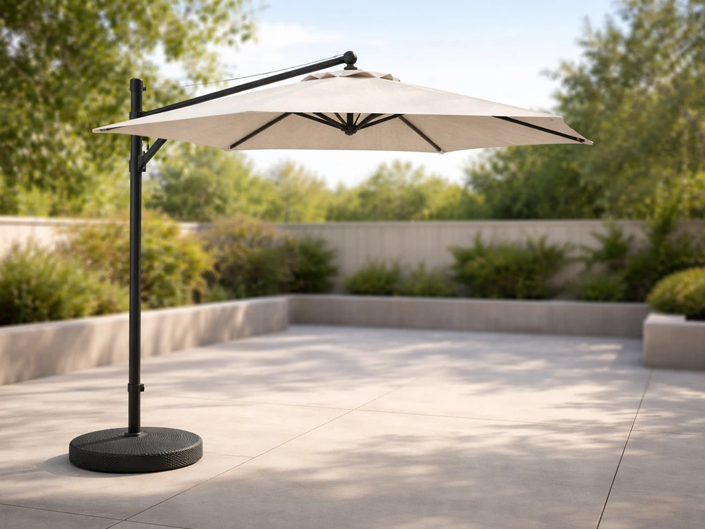 Offset cantilever umbrella with a visible side pole and arm extending over a quiet patio seating area.