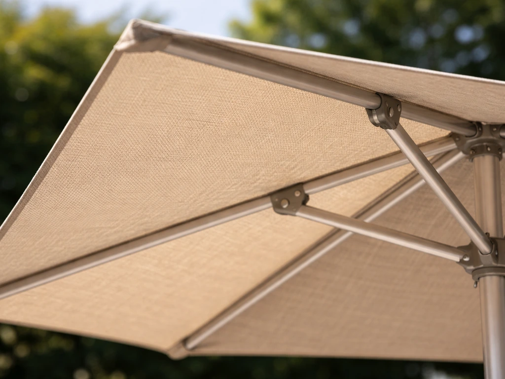 Close-up of outdoor umbrella fabric texture and aluminum frame joints in natural light.