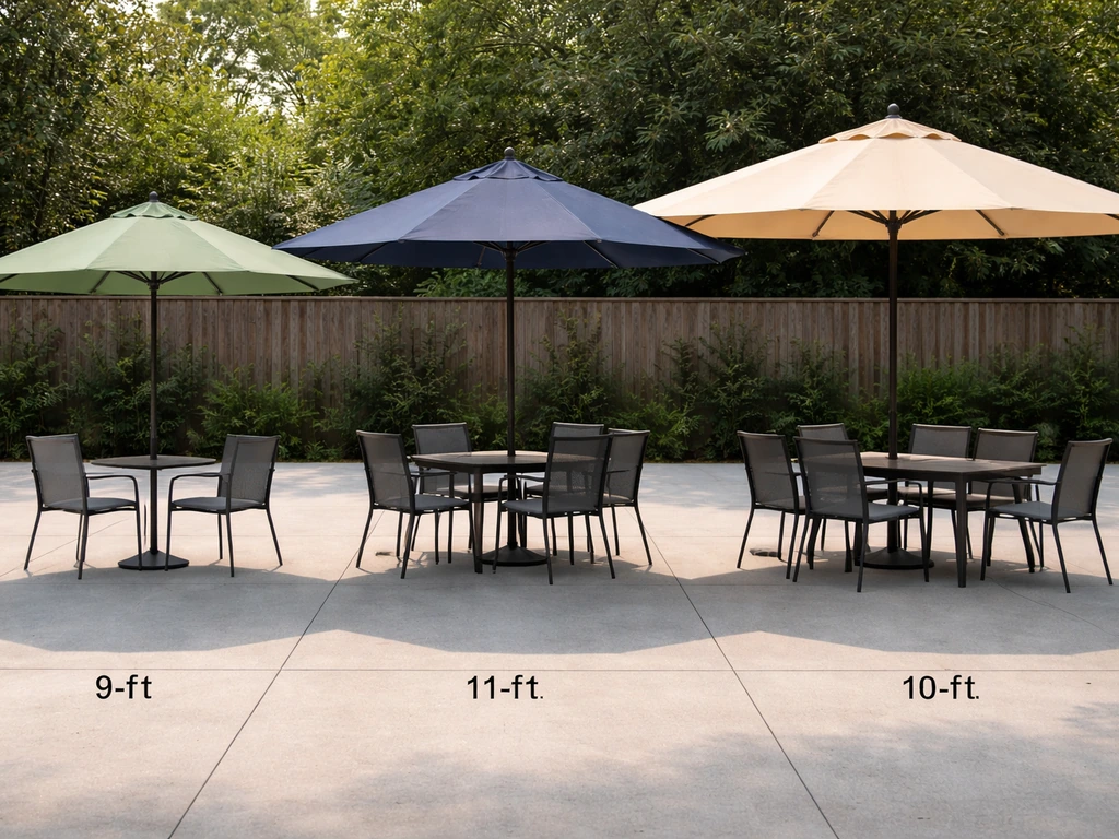 Side-by-side patio umbrellas with smaller to larger canopies and seating sets showing shade coverage.
