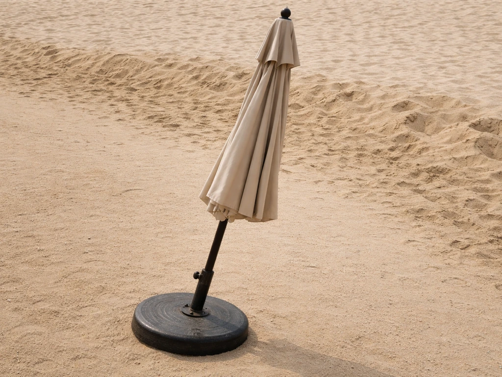 Patio umbrella base on firm sand beside loose sand that cannot anchor it safely.
