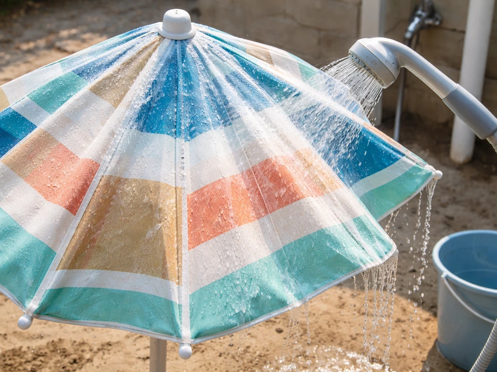 Umbrella canopy and frame being gently rinsed with fresh water beside a bucket near a shower outdoors.