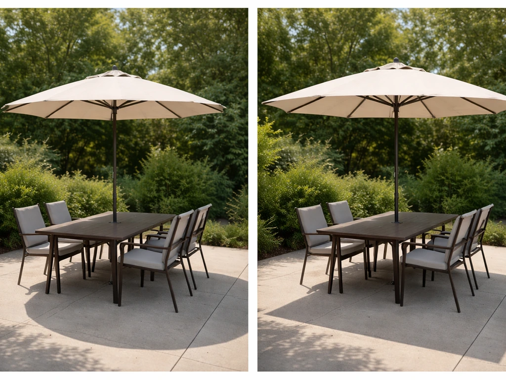 Split view of an umbrella over a patio table: wrong size matching table edge vs correct canopy extending 2 feet beyond.