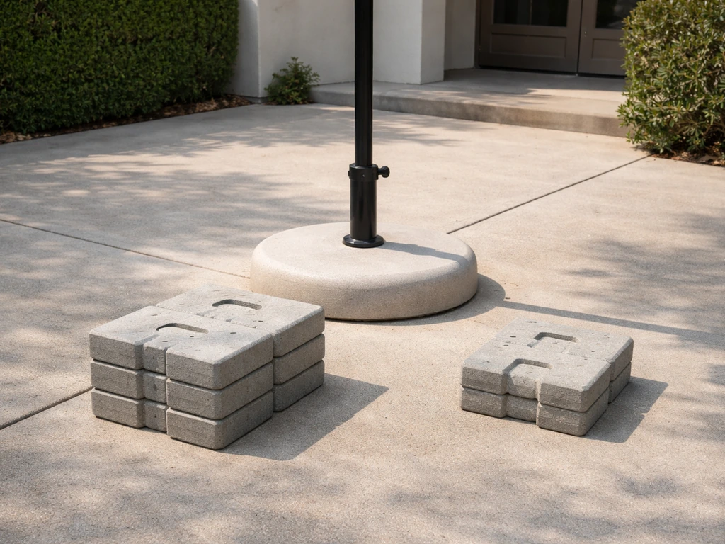 Minimal outdoor patio scene showing an umbrella base with contrasting generic weight blocks for stability.