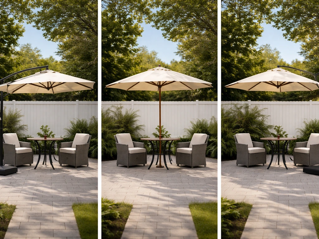 Three matching patio scenes showing cantilever, market center-pole, and offset umbrellas in separate frames.