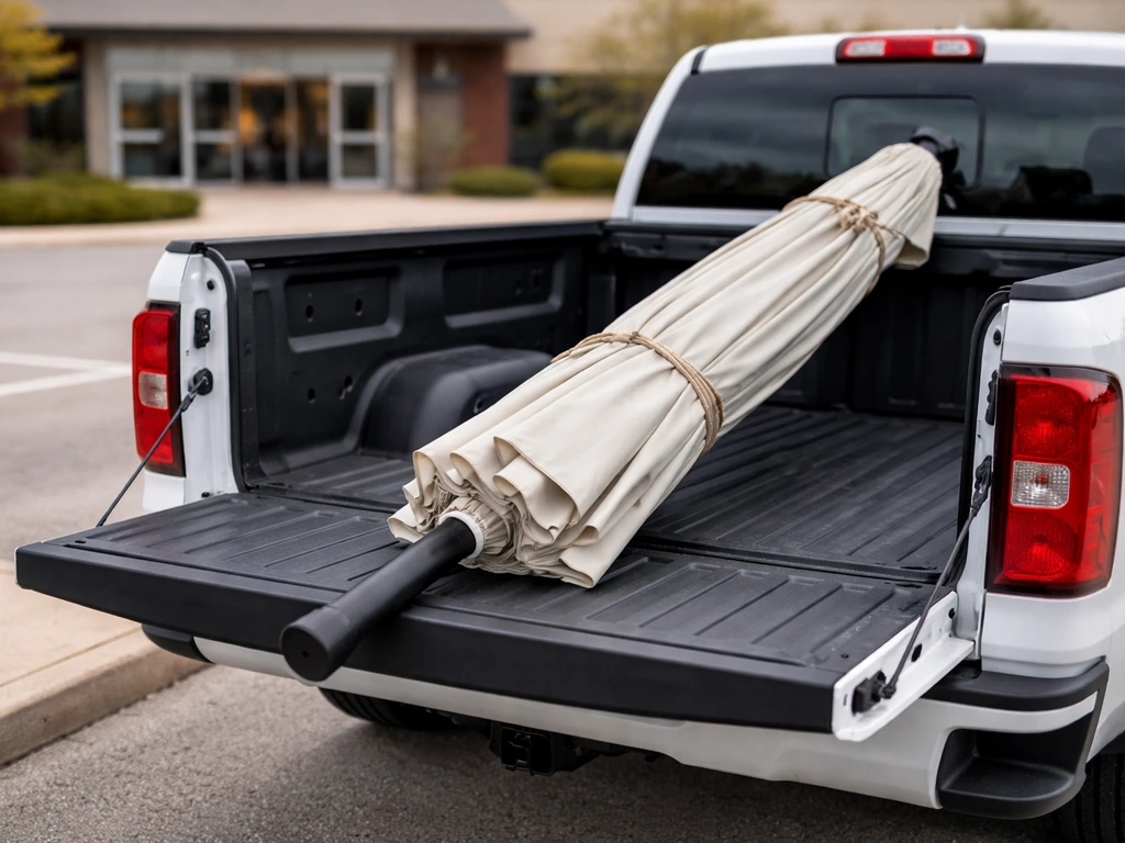 Closed patio umbrella loaded into a pickup truck at a curbside same-day pickup location