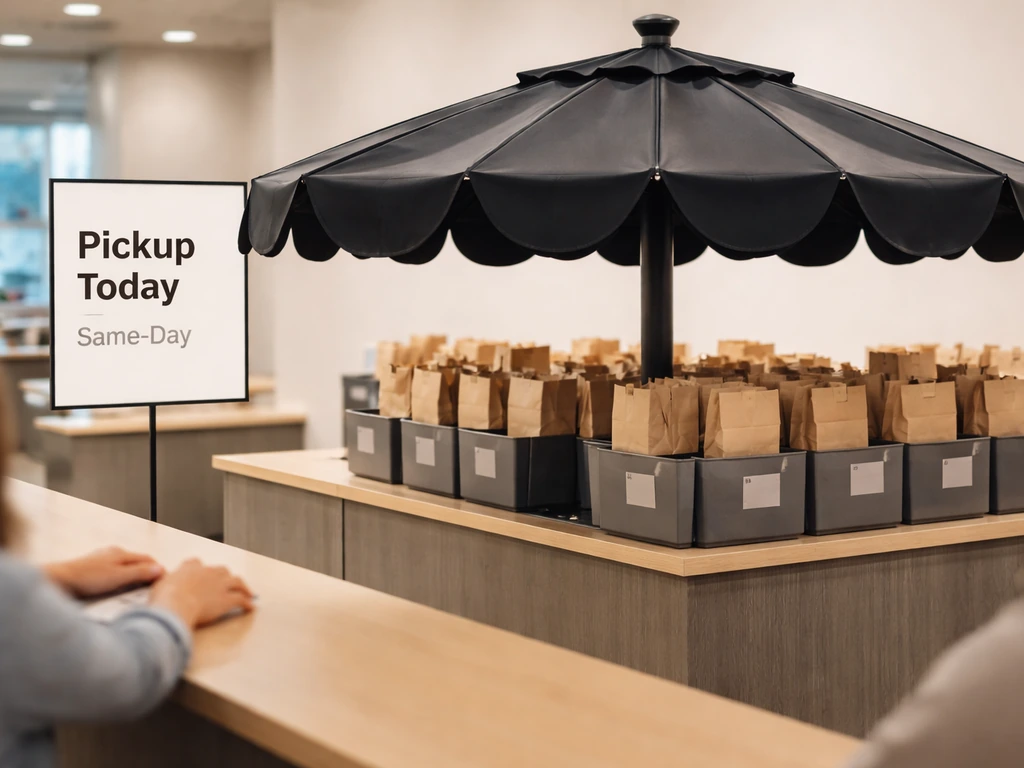 Drive-thru pickup counter with a sign reading “Pickup Today” and an umbrella-style order pickup setup.