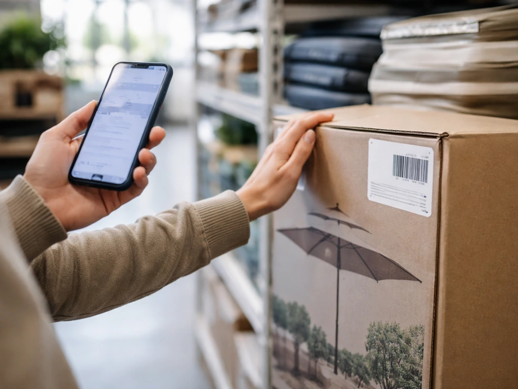 Person at a store aisle uses a phone to check pickup timing while holding a patio umbrella box label.