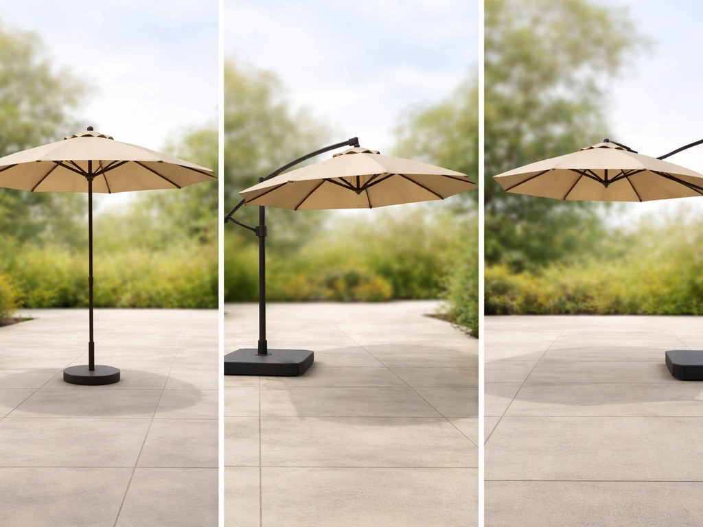 Three patio umbrellas—market, cantilever, and offset—shown side by side in a simple outdoor setting.