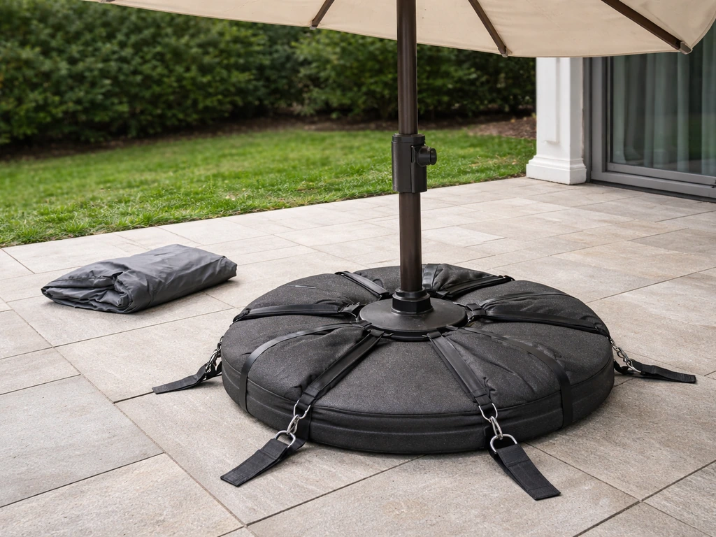 Heavy patio umbrella base with ground anchors and secured setup on a covered patio