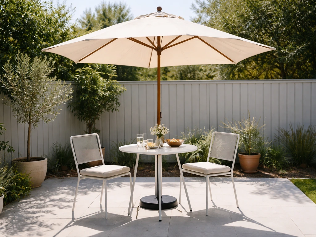 Sunlit patio with a large umbrella open over a small table and chairs, signaling patio umbrella availability.