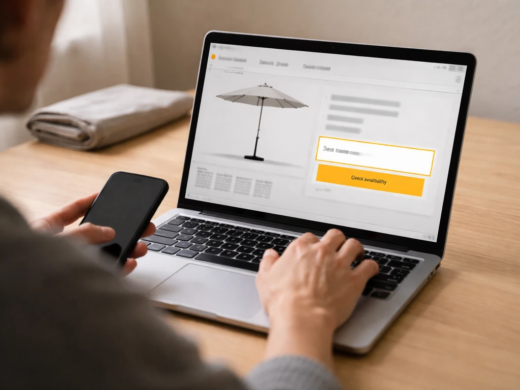 Person at a table using an open laptop to check ZIP-code delivery availability for a patio umbrella.