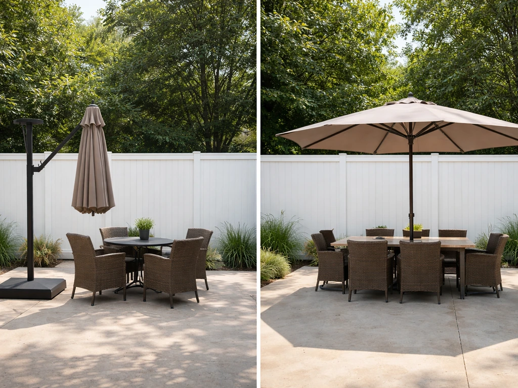 Two patio umbrellas in different sizes over separate outdoor table setups showing wider vs narrower shade coverage.