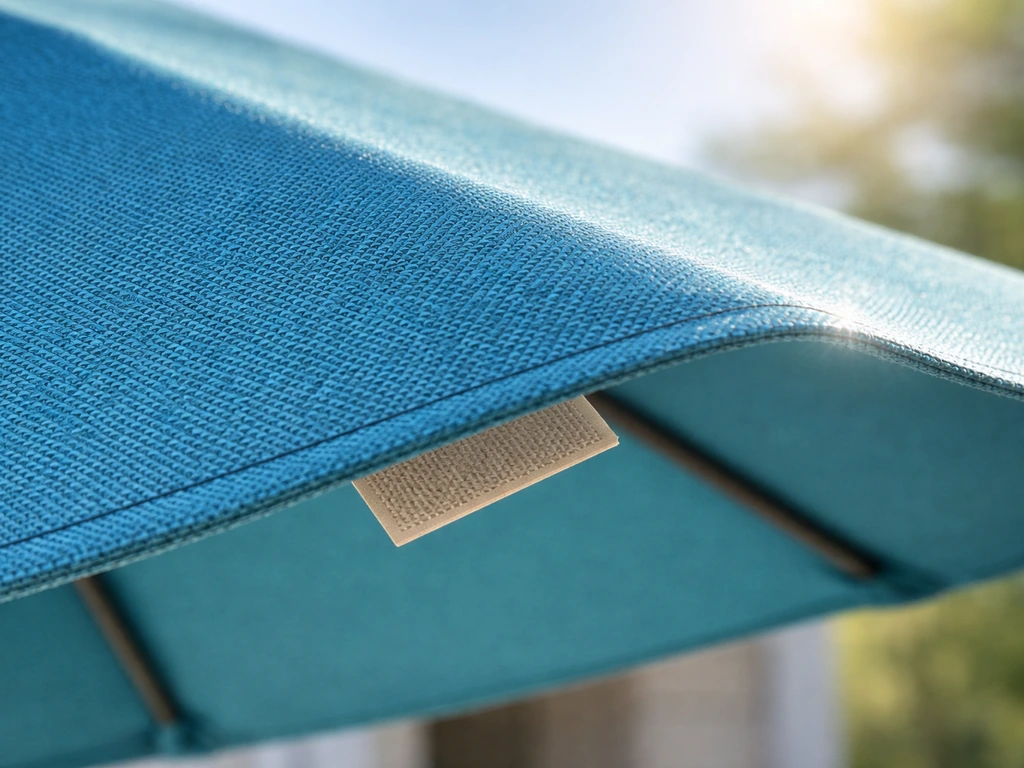 Close-up of weather-resistant umbrella canopy fabric with sunlight glare and a stitched UV cue label.