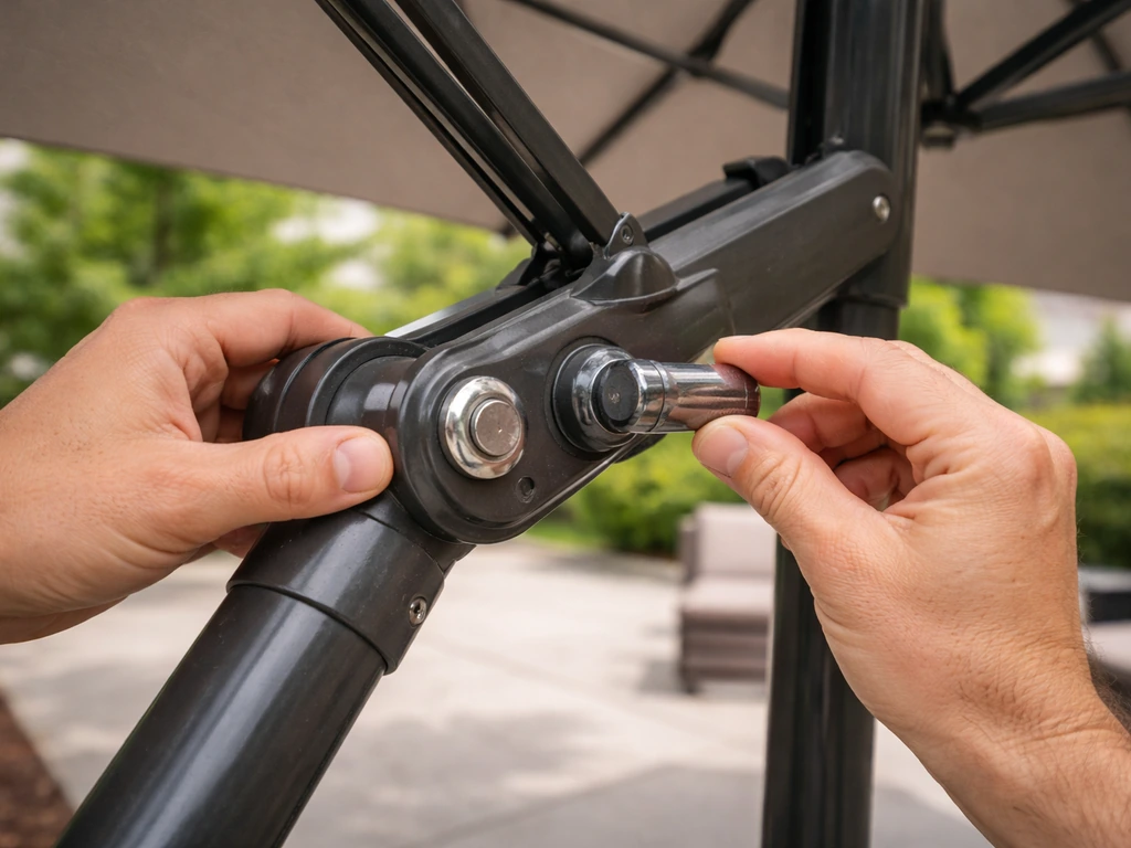 Close-up of hands adjusting a cantilever umbrella tilt lever and rotating the canopy over a patio.