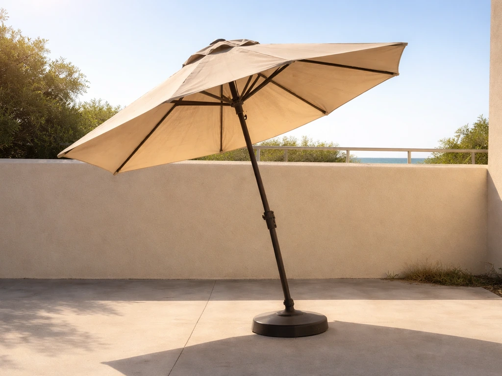 Sunlit patio with a fully open center-pole umbrella showing subtle fading on sun-facing fabric.