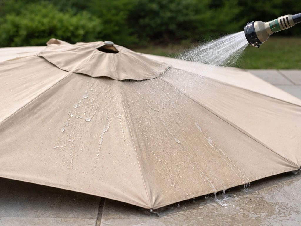 Water gently rinses off a performance umbrella fabric canopy, with droplets beading on the material.