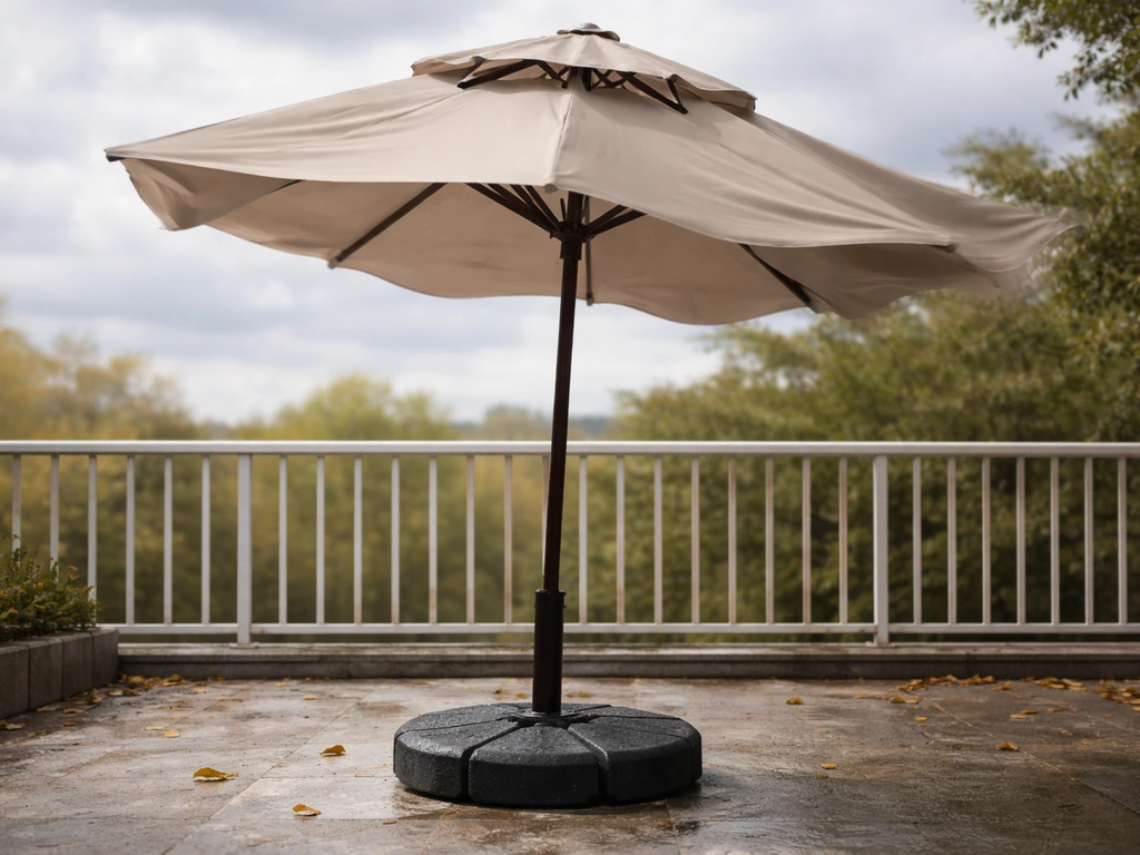 Windy patio with a vented umbrella canopy held steady by a weighted base, showing umbrella durability.
