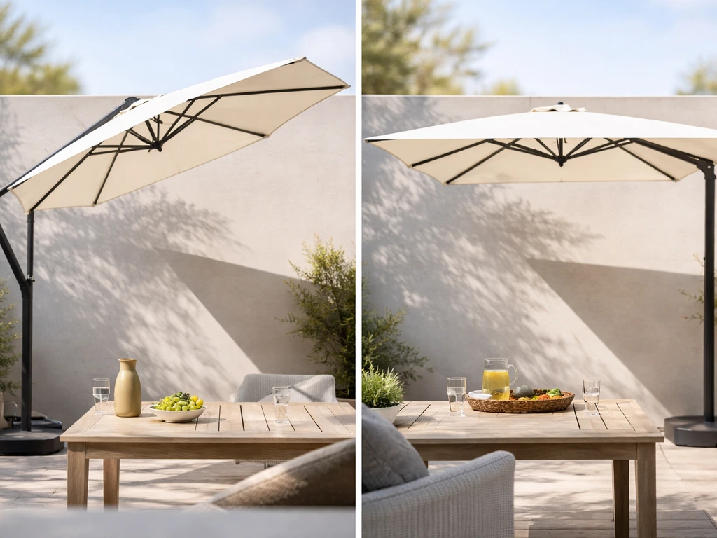 Minimal patio scene showing cantilever and offset table umbrellas casting shade with clearly side-offset poles.