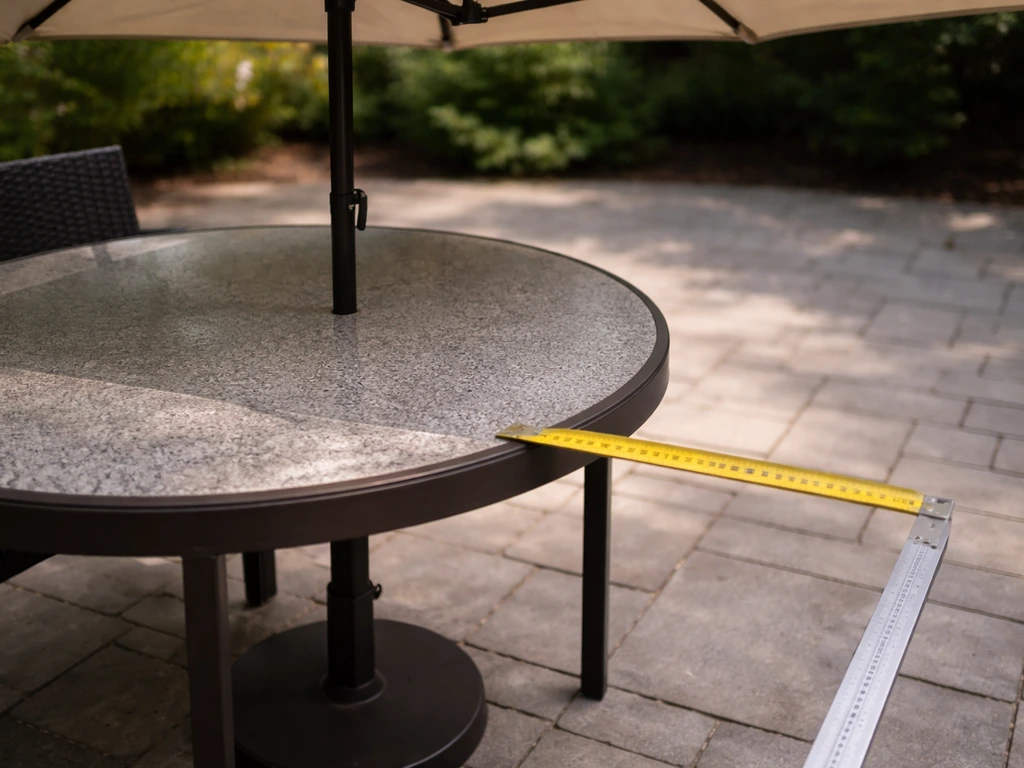 Measuring tape and straightedge on an outdoor patio table, illustrating umbrella canopy extending about 2 feet past it.