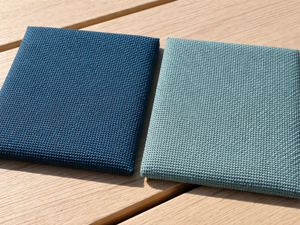 Closeup of two textured patio umbrella fabric swatches in daylight, highlighting color and UV resilience.