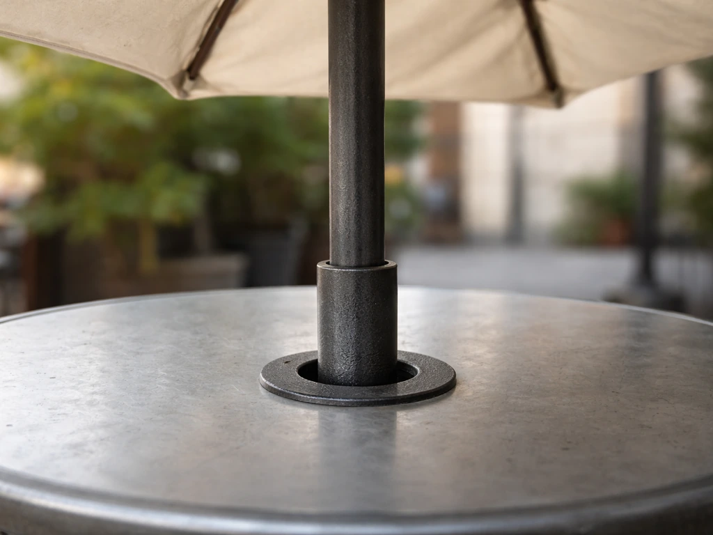 Close-up of a center-pole market umbrella pole dropping into a base, showing straight-pole structure.