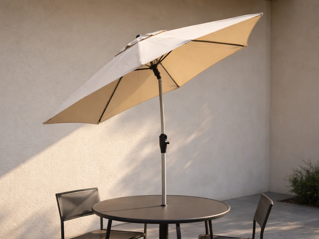 A tilting market umbrella angled toward the sun over a patio table, with the tilt mechanism in view.