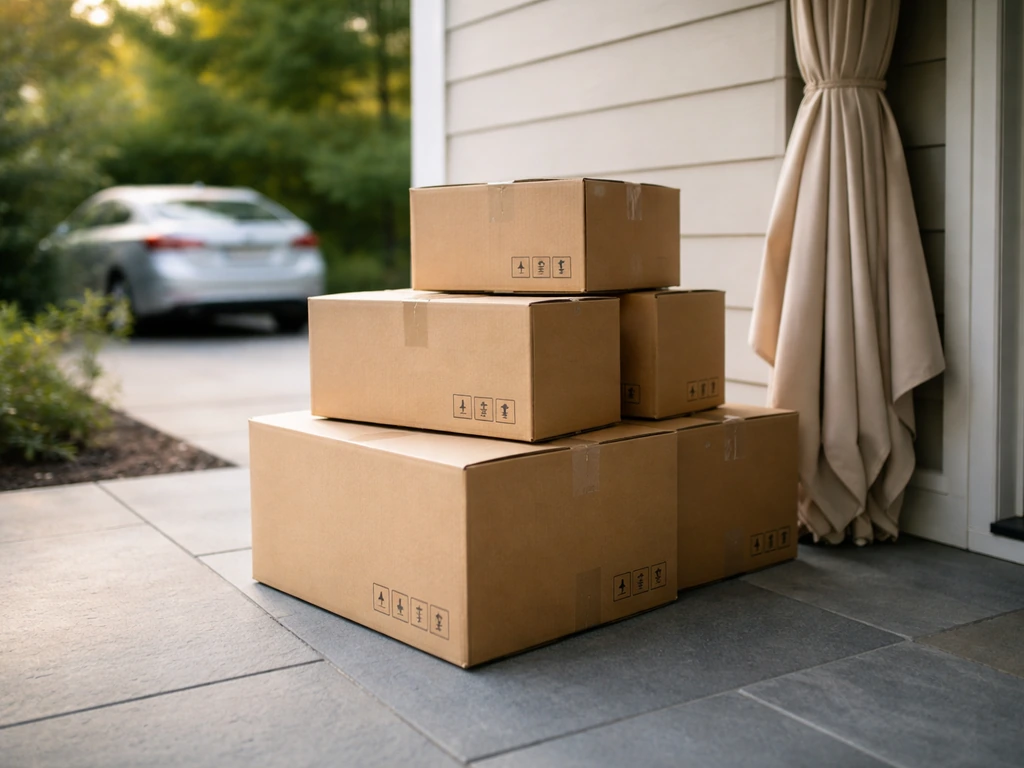 Patio umbrella box deliveries stacked on a porch for quick same-day pickup