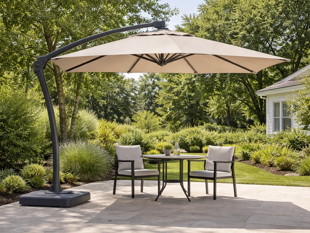 Cantilever umbrella open over a patio dining area, showing open space under the canopy and side arm support.