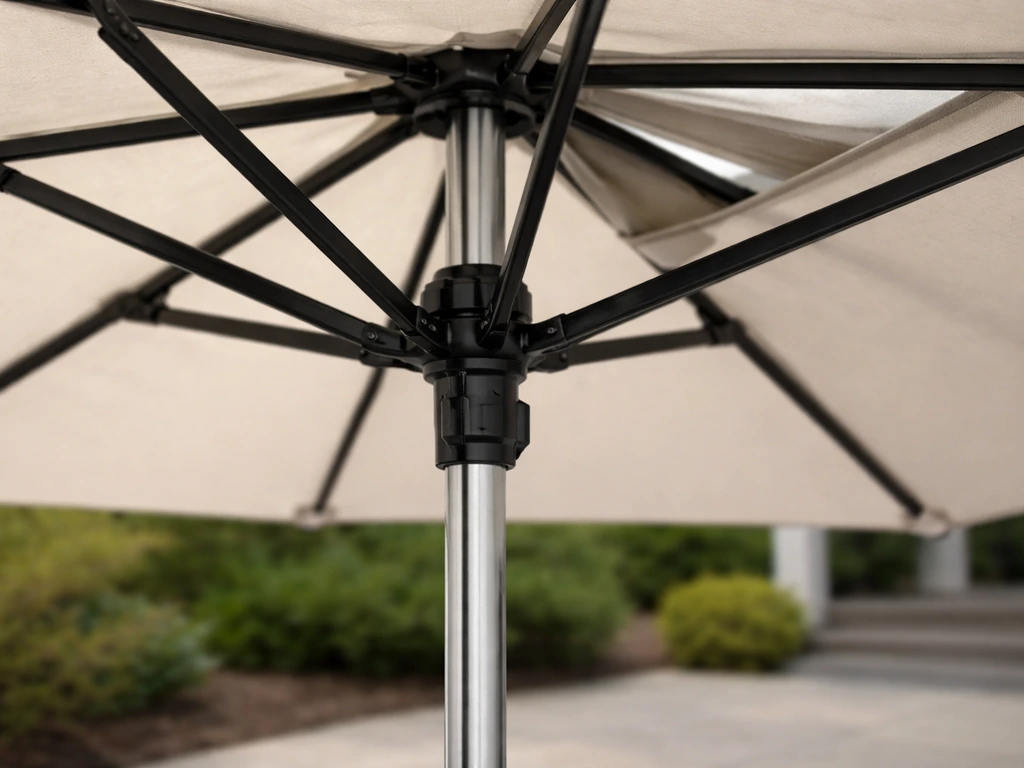 Close-up of an open umbrella frame with hinge, sturdy pole, and canopy vent outdoors