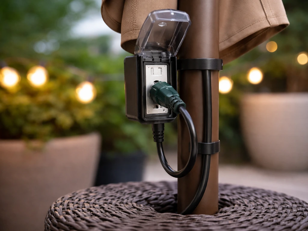 Safe outdoor umbrella plug-in LED light setup with weatherproof cord and covered GFCI outlet.