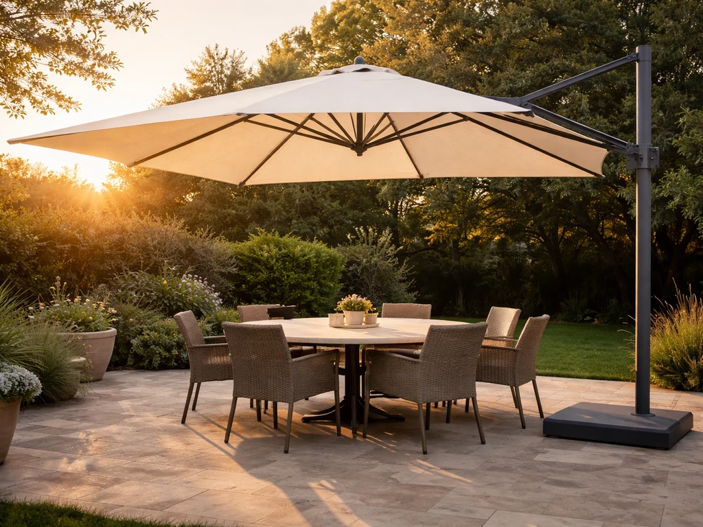 Large cantilever patio umbrella open over an outdoor dining area, showing the side-mounted arm and wide canopy.