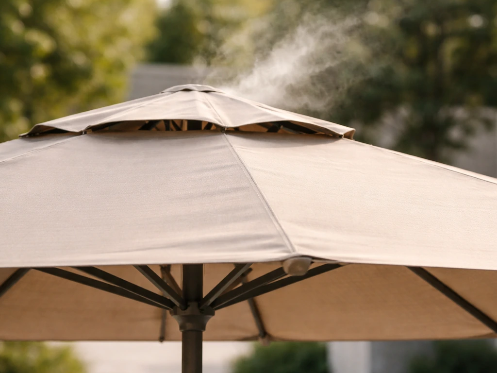 Close-up of a large outdoor umbrella canopy showing a vented top and airflow under the fabric.