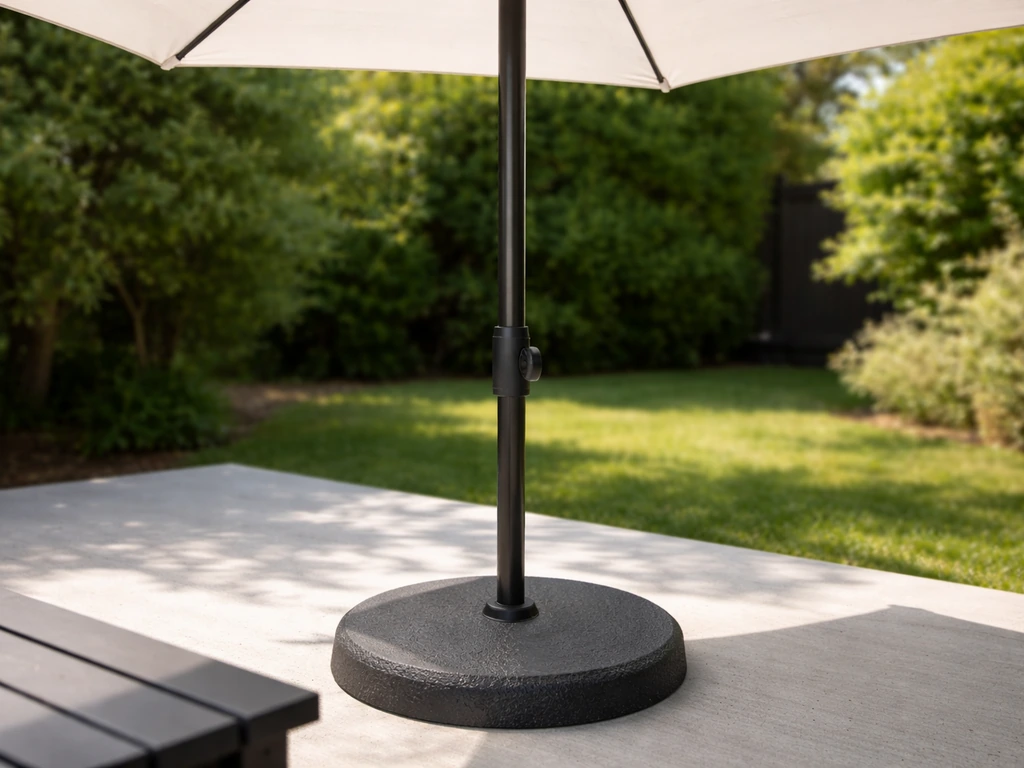 Close angled view of a center-pole market umbrella with its stable base beside a table.