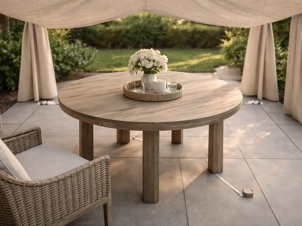 Outdoor dining table with canopy shade extending about two feet past the seating perimeter.