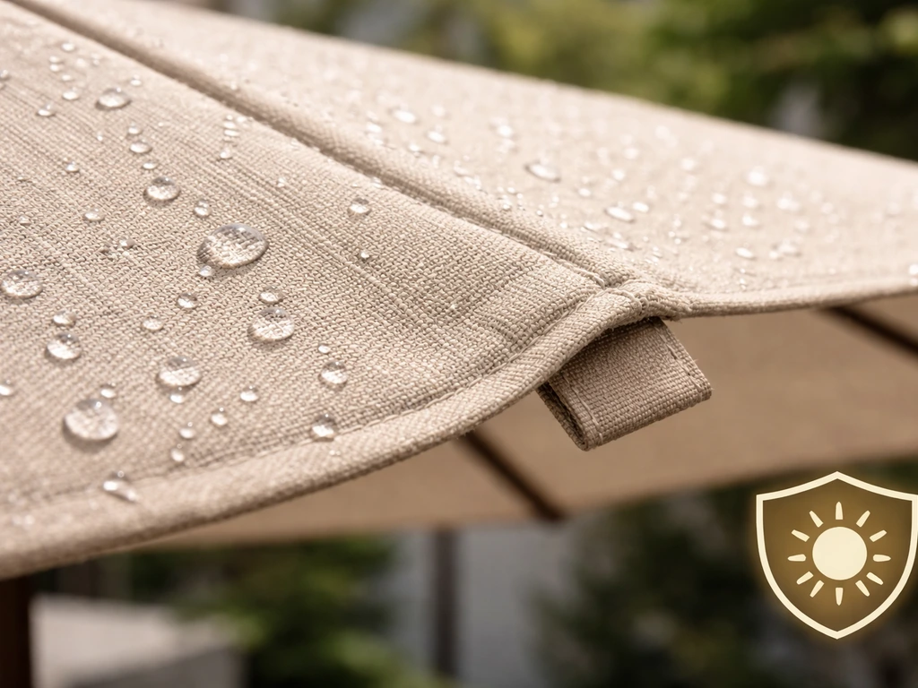 Macro closeup of outdoor umbrella canopy fabric with visible weave and water-beaded weather durability.