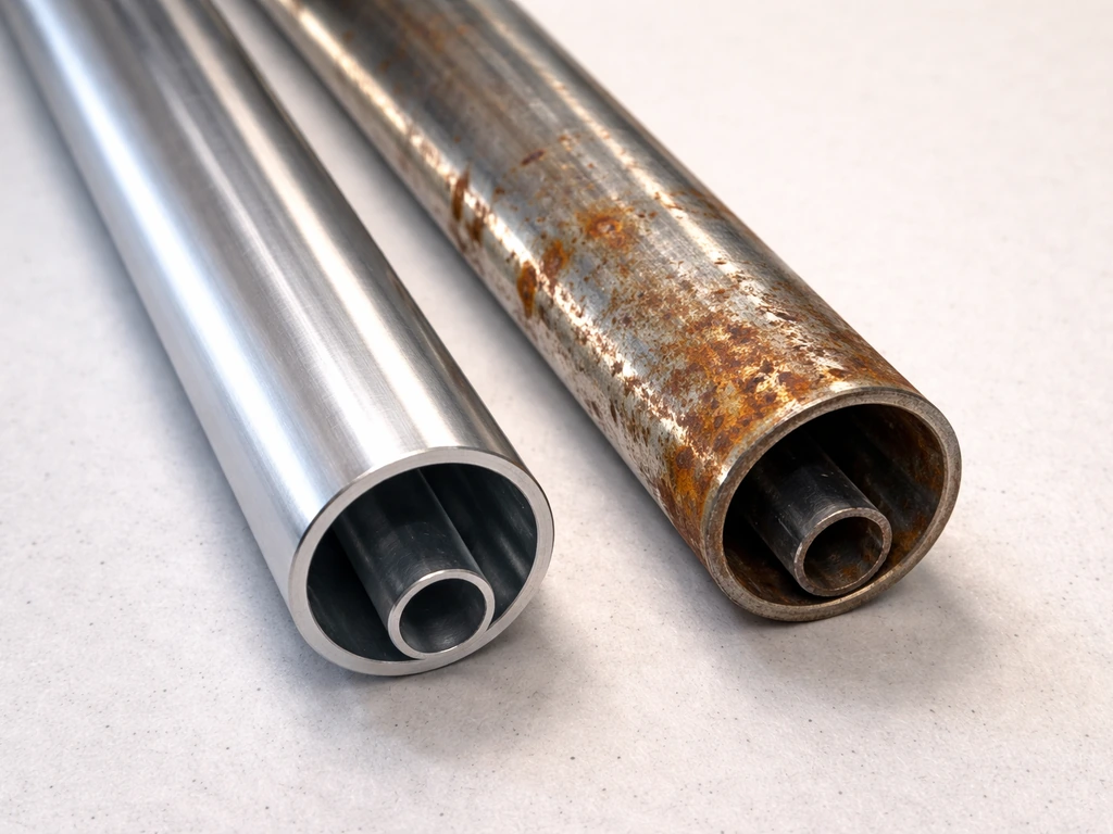 Close-up of rust-free aluminum ribs beside rusted steel poles showing corrosion risk.