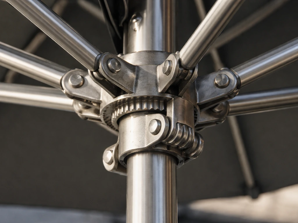 Close-up of an umbrella tilt hub with rivets and bolts, showing corrosion-resistant hardware details.