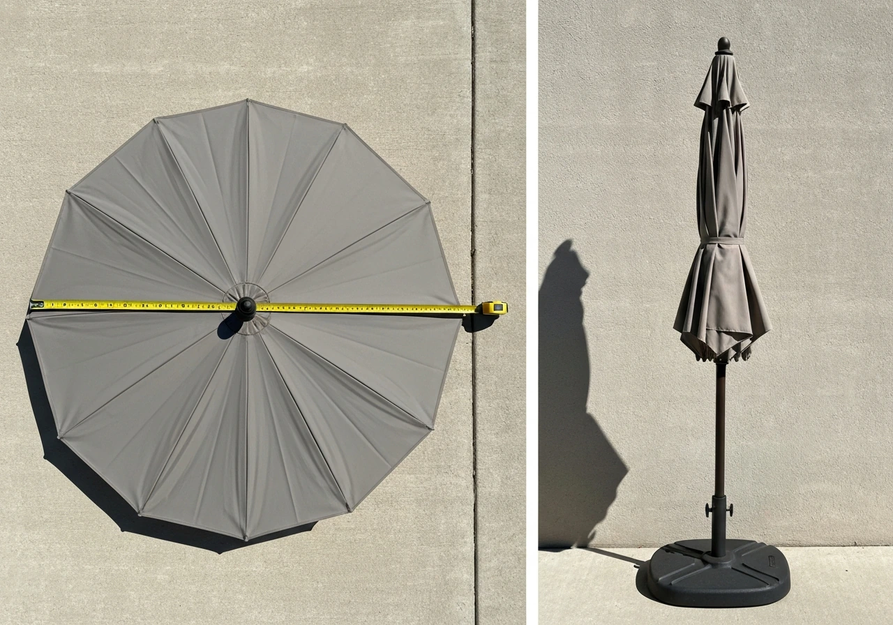 Top-down and side-by-side view of a round patio umbrella canopy showing tip-to-tip 11-foot diameter